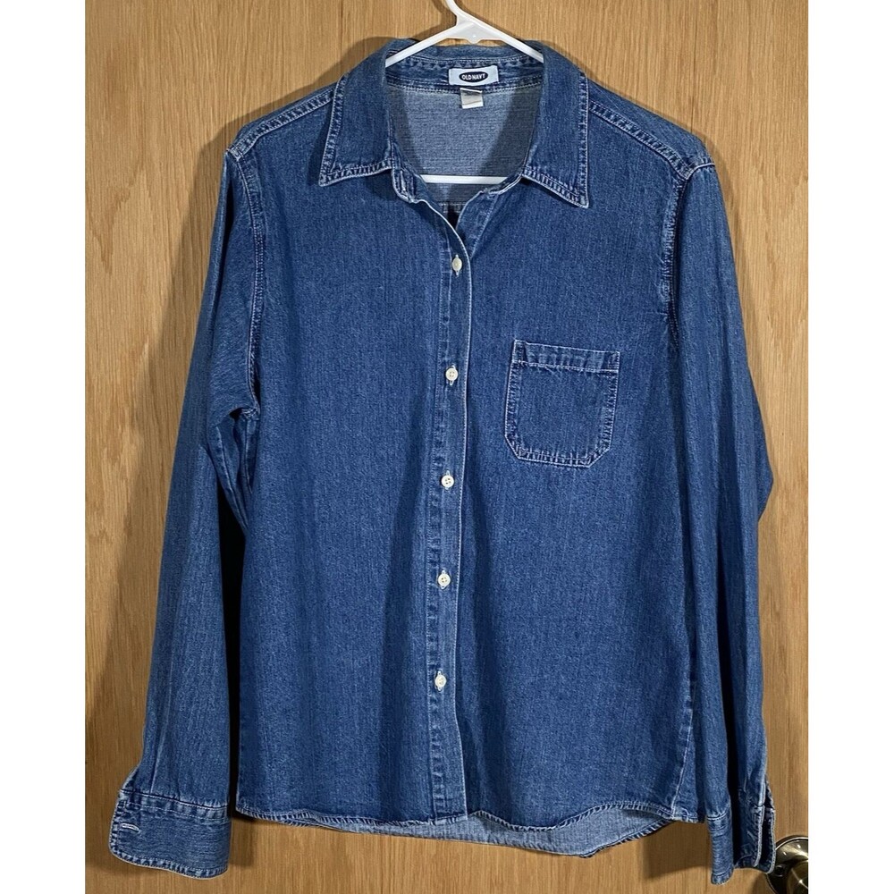 Vtg Old Navy Women's Lg Denim Button Up Shirt Minimalist Granny Boxy 90's Cotton